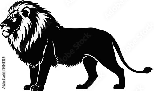 A stylized black silhouette of a male lion with a flowing mane