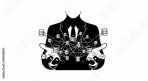 A stylized figure in a suit manipulates a network of data servers