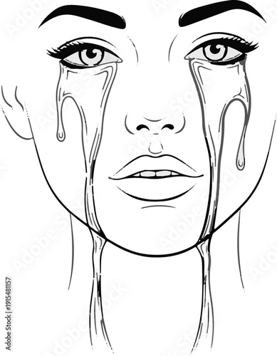 A striking black and white sketch of a face with tears streaming down