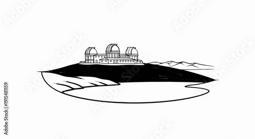 A striking black and white sketch of observatories atop a hill against distant mountains