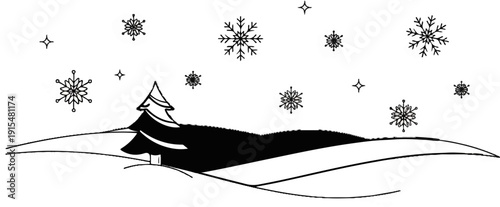 A stylized winter landscape with a single evergreen tree on rolling snow-covered hills, snowflakes falling