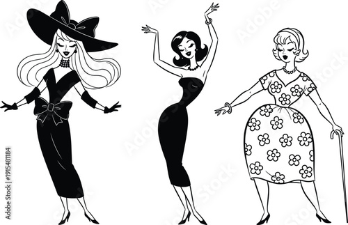 Elegant retro women characters in vintage fashion dresses, black and white vector illustration isolated on white background