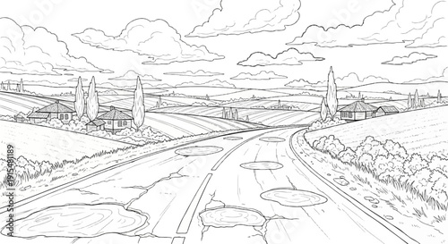 A winding road passes through a rural landscape with rolling hills and homes