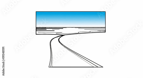 A winding road leads towards a horizon of blue sky and distant landscape