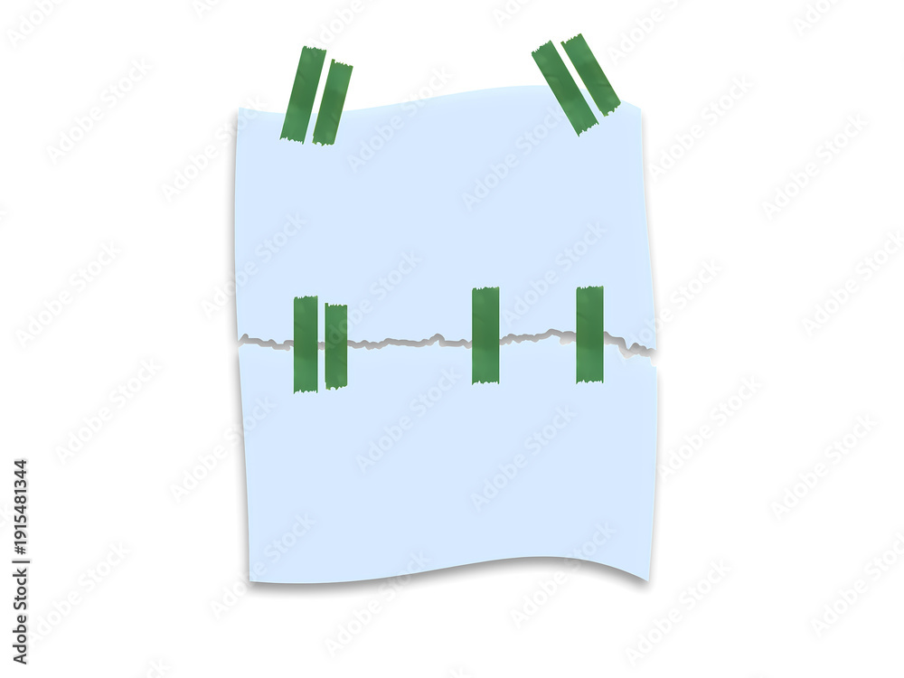 Fototapeta premium Torn blue sticky note with green tape on white background