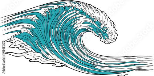 A stylized, graphic depiction of a powerful, curling ocean wave with turquoise blue water