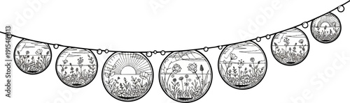 A string of circular ornaments depicting idyllic scenes of nature and flora