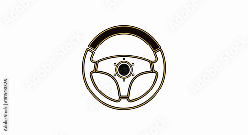 A stylized graphic of a sports car's steering wheel in black and gold