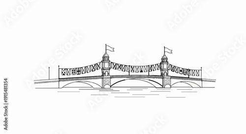 A symmetrical stone bridge with decorative banners, flags, and towers spans tranquil water