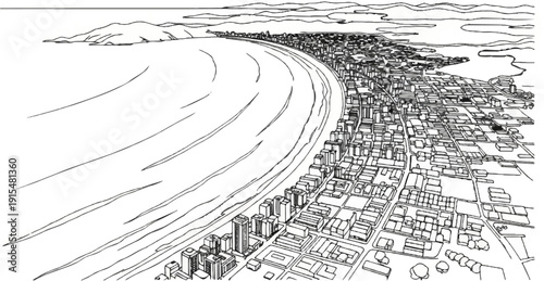 A stylized aerial view of a coastal city with flowing water and distant mountains