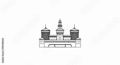 A symmetrical line drawing of a grand fortress with multiple towers and a central clock tower