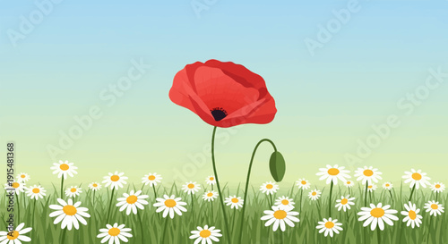 A vibrant red poppy stands tall in a field of daisies under a soft blue and yellow sky