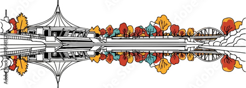 A stylized architectural structure reflected in water, with autumn foliage
