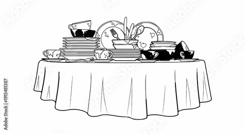 A table laden with dirty dishes, cups, and cutlery in a stylized black and white illustration