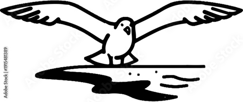 A stylized bird with outstretched wings hovers above a dark, abstract body of water