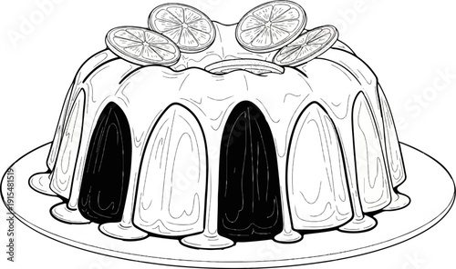 A stylized black and white drawing of a bundt cake with glaze and lemon slices
