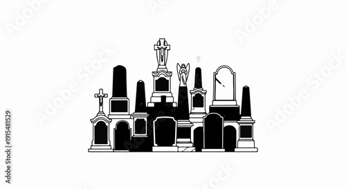 A stylized black and white drawing of a cemetery with various grave markers