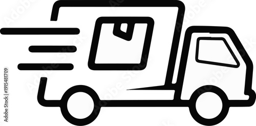 A stylized black and white icon of a delivery truck carrying a package
