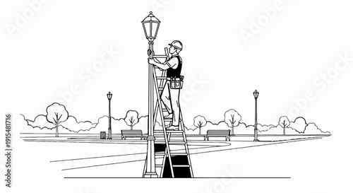 A worker on a ladder repairs a lamppost in a park