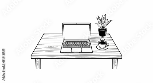 A wooden table displays an open laptop, a potted plant, and a cup of coffee