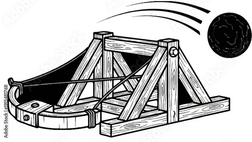 A wooden siege engine launches a projectile through the air