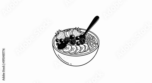 A stylized black and white illustration of a cereal bowl filled with fruit and granola
