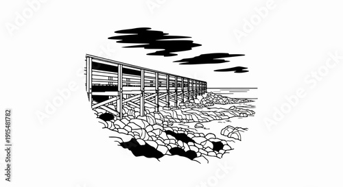 A wooden pier extends over rocky shore under a dramatic cloudy sky