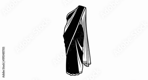 A stylized black and white illustration of a draped saree