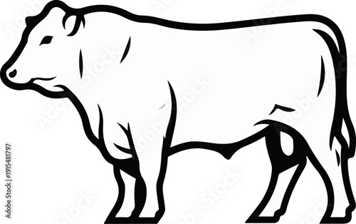 A stylized black and white illustration of a cow standing
