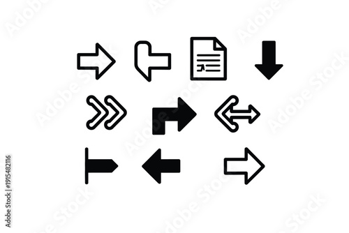 Arrow icon set with colorful shapes and document illustration