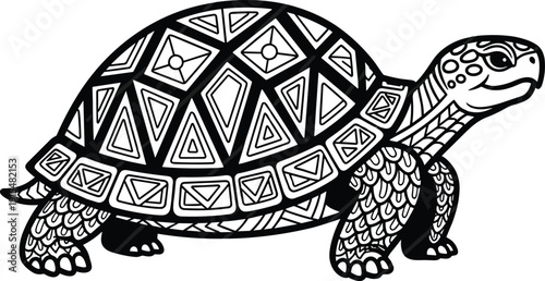 Black and white vector illustration of a tortoise with geometric pattern shell isolated on white background, decorative land turtle graphic,
