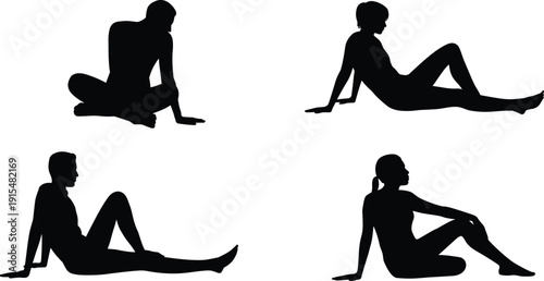 Collection of black silhouettes of men and women sitting and reclining in relaxed poses isolated on white background for design, vector.