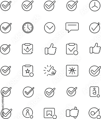 Approval verification icon set line vector collection featuring check marks, confirmation, success, feedback, user interface symbols illustration