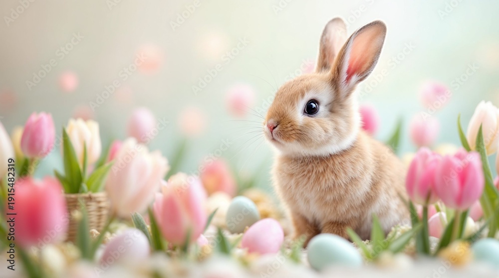 Obraz premium Cute Easter bunny sitting among pastel tulips and eggs. Spring holiday celebration with a fluffy rabbit. Copy space for text