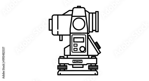 Total Station Survey Instrument Line Art Illustration, Detailed black and white line art illustration of a total station survey instrument on tripod, isolated on white background.