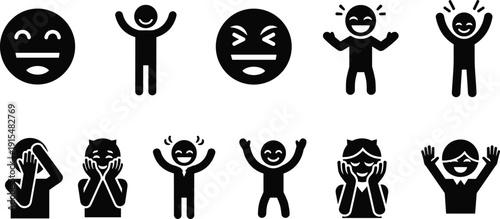 Happy smiling emoticon faces and cheering people icons set, black silhouette vector illustration isolated on white background
