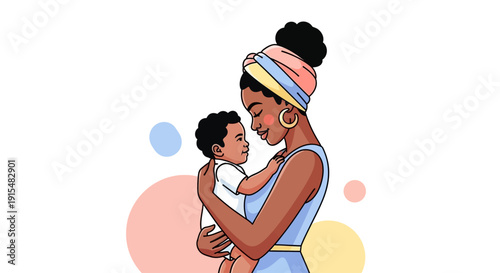 This flat design illustration beautifully portrays an empowered mother with her child, symbolizing love, care, and the strength of maternal bonds