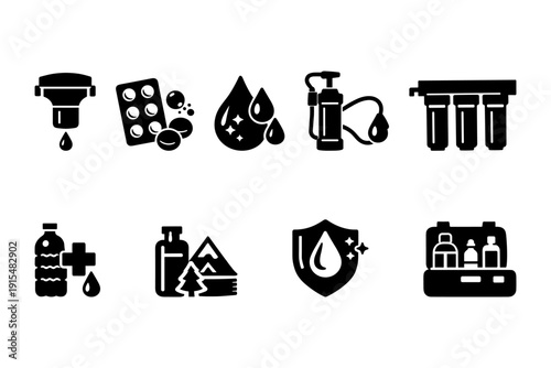 Set of water filtration and purification icons in black silhouette