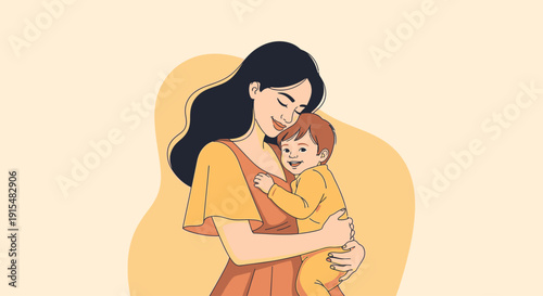 This flat design illustration beautifully portrays an empowered mother with her child, symbolizing love, care, and the strength of maternal bonds