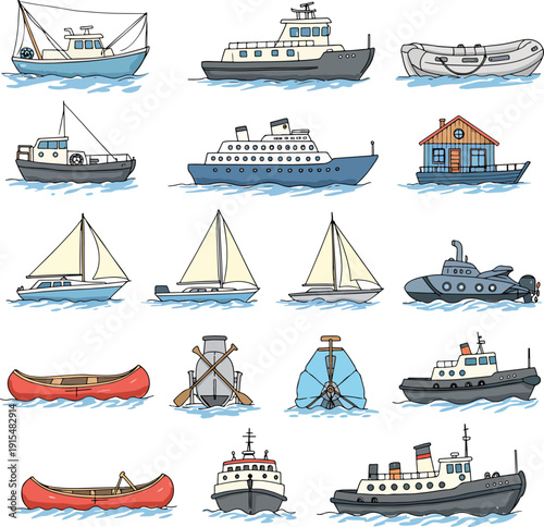 Vector illustration of various boats and ships on white background