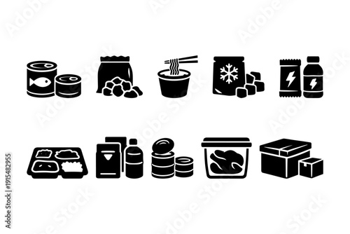 Collection of various black food icons on white background