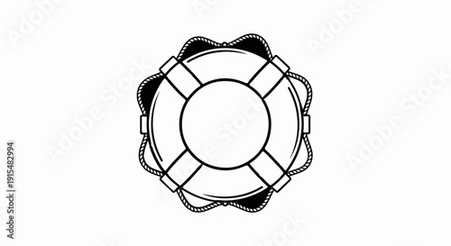 A stylized, black and white illustration of a life preserver with rope detail