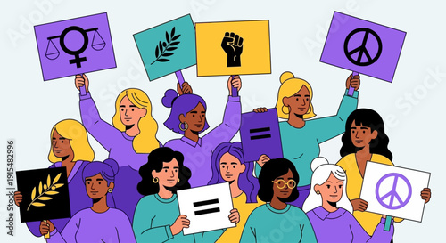 This flat design illustration depicts a group of women advocating for their rights, symbolizing collective action, protest, and the fight for gender equality