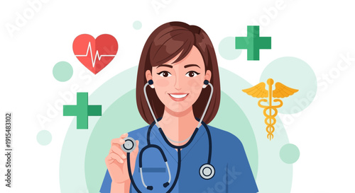 This flat design illustration portrays a female healthcare professional, symbolizing care, wellness, and women's vital role in medicine