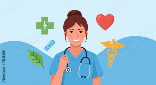 This flat design illustration portrays a female healthcare professional, symbolizing care, wellness, and women's vital role in medicine