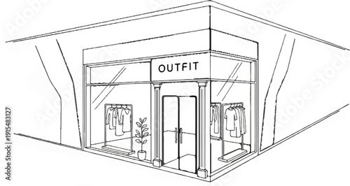 A stylized line drawing of a retail clothing store's storefront