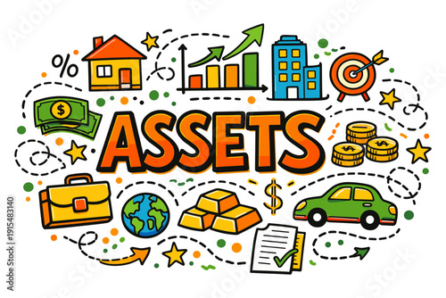 Assets concept illustration with money, house, car, and investment icons