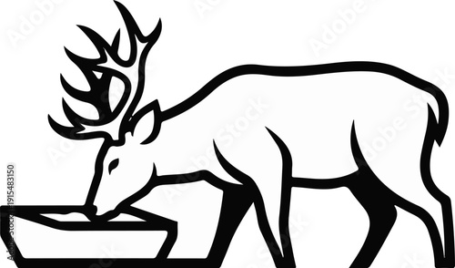 A stylized black and white illustration of a stag drinking from a trough
