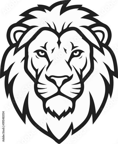 A stylized black and white line drawing of a fierce lion's head with a full mane
