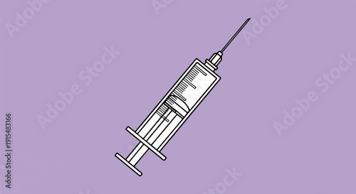 A stylized line drawing of a medical syringe with a needle, against a purple background